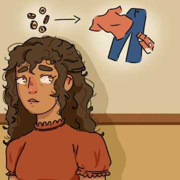 A woman thinking about food and clothes.