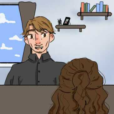 A woman talking to a man.