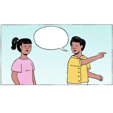 Una donna in piedi accanto a un uomo che indica a destra.