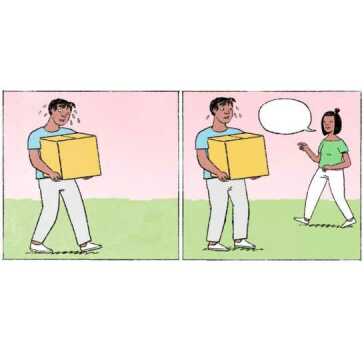 Immagine a due pannelli di un uomo che trasporta una scatola e di una donna che cammina verso di lui.