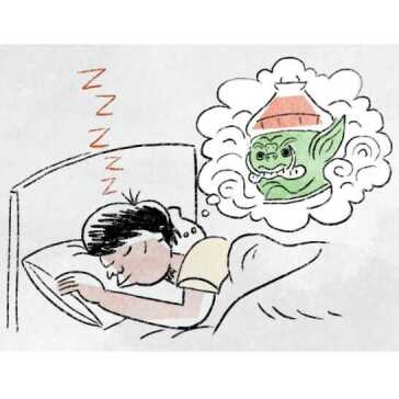 A man sleeping in bed dreaming.