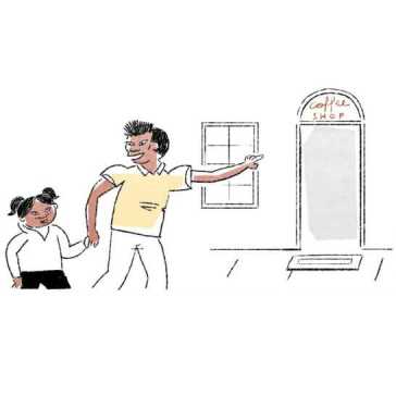 A man holding hands with a girl is pointing at a café.