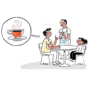 A man sitting at a table with a girl is ordering a coffee.