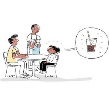 A man sitting at a table with a girl who is ordering a soda.