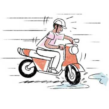 A man riding a scooter into a puddle.