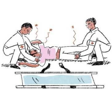 Two paramedics putting a man on a stretcher.