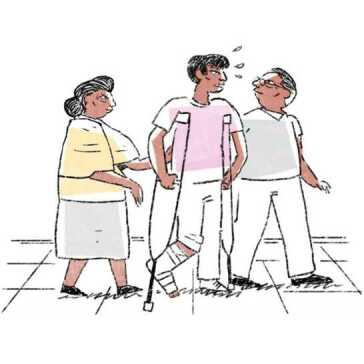 A man walking on crutches being helped by a man and woman.