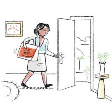 A woman walking out of the house.