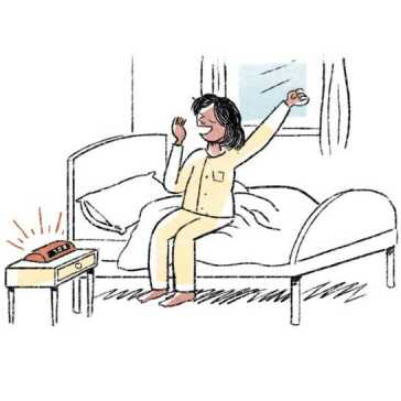 A woman sitting on a bed stretching.