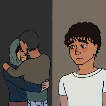 A man and woman hugging and a man looking sad standing near them.