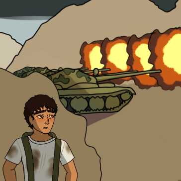 A man in the middle of a war scene and a tank firing in the distance.