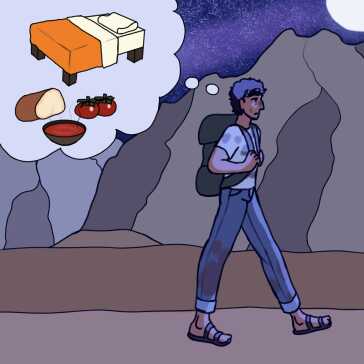 A man hiking thinking about food and a bed.