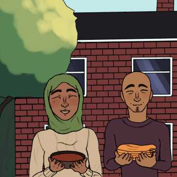 A man and woman standing outside a house smiling and offering food.