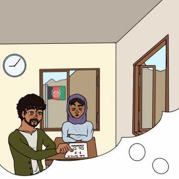 A man teaching a girl sitting at a desk.