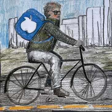 A man riding a bicycle with a bag on his back.