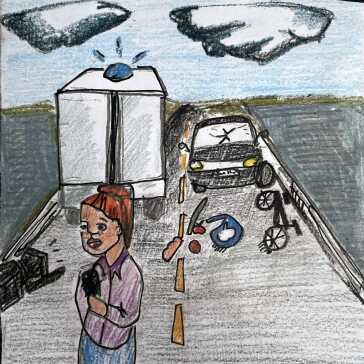 A news reporter standing in front of a bicycle accident and ambulance.