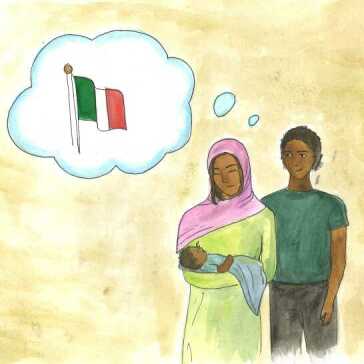 A man standing next to a woman holding a baby and thinking of Italy.