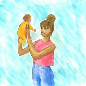 A woman holding a baby in the air.