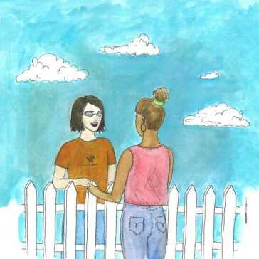 Two women talking over a garden fence.