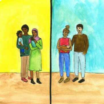 A two-panel image of two families.