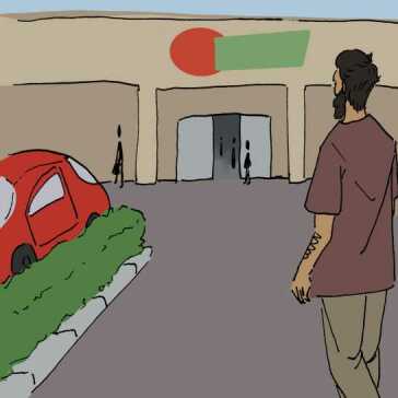 A man walking to a shopping mall.