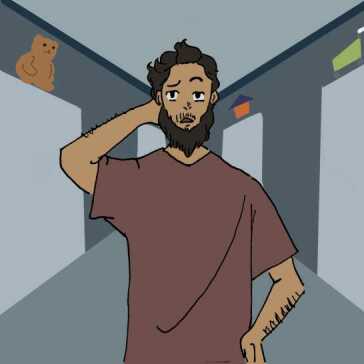 A man in a shopping mall looking confused.