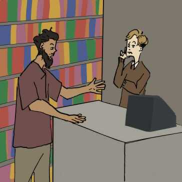 A man speaking to a shop assistant.