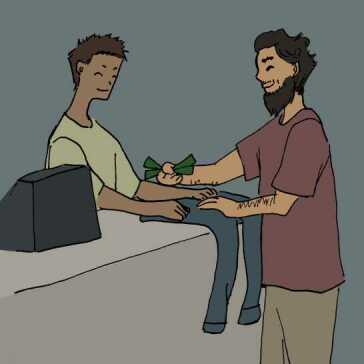 A man buying a pair of trousers.