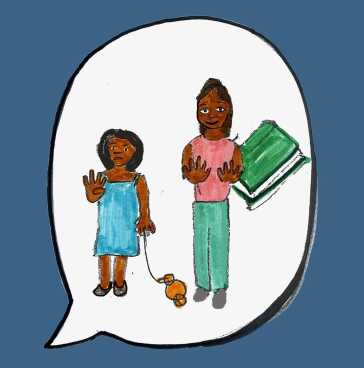 A girl holding up four fingers standing next to a girl holding up ten fingers.