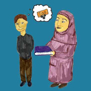 A man thinking about money standing next to a woman holding a book.