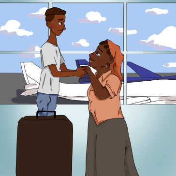 A tall boy holding hands with a woman in an airport.
