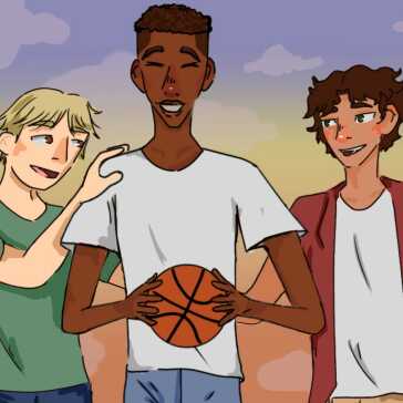 A tall boy playing basketball with his friends.