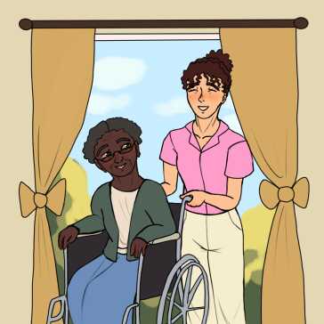 A woman pushing a woman in a wheelchair.