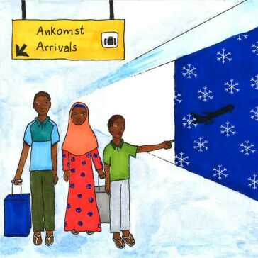 A man, woman and boy walking through an airport.