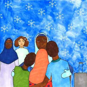 A woman hugging children.