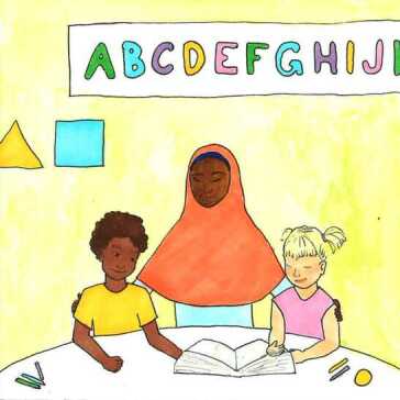 A woman reading with a boy and girl.