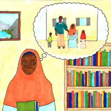 A woman in a library thinking about a family.