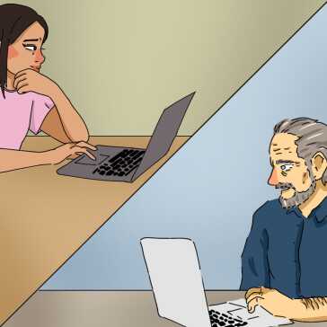 A two-panel image of a man on a laptop and a woman on a laptop.
