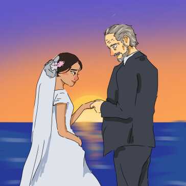 A bride and groom holding hands.